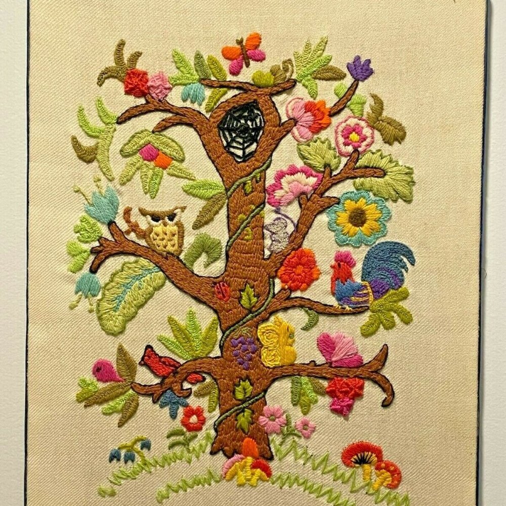 1973 Erica Wilson's Ecology Tree Embroidered Framed Wall Art No 7334